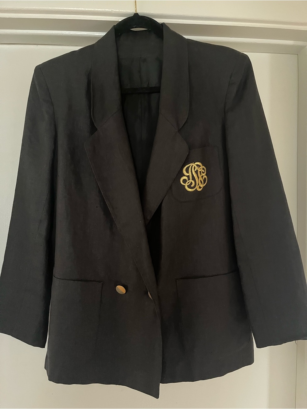 100% Linen Vintage Black Blazer with Gold Monogram Accent